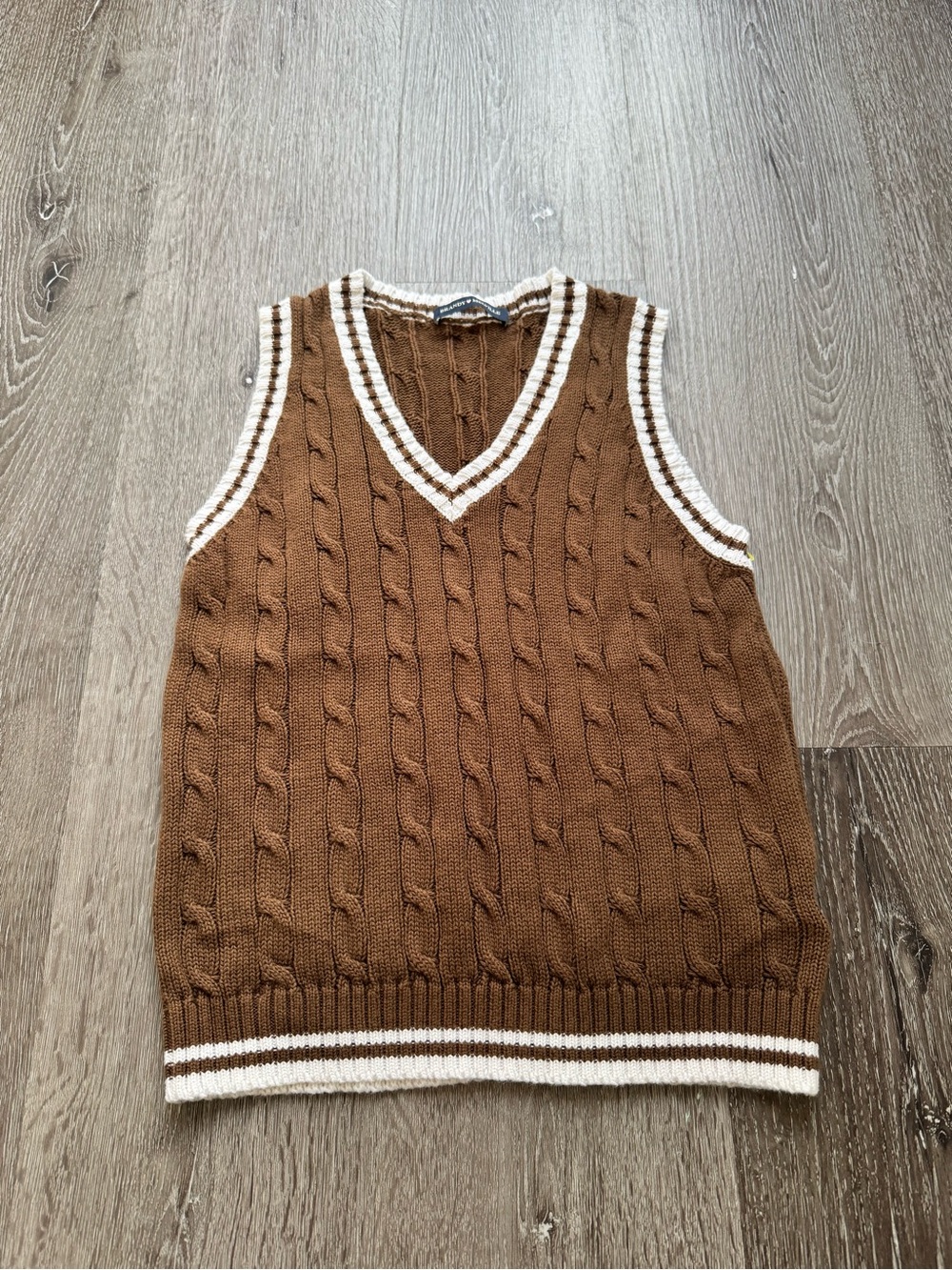 Brandy Melville Brown Cable Knit Varsity Sweater Vest White Stripe